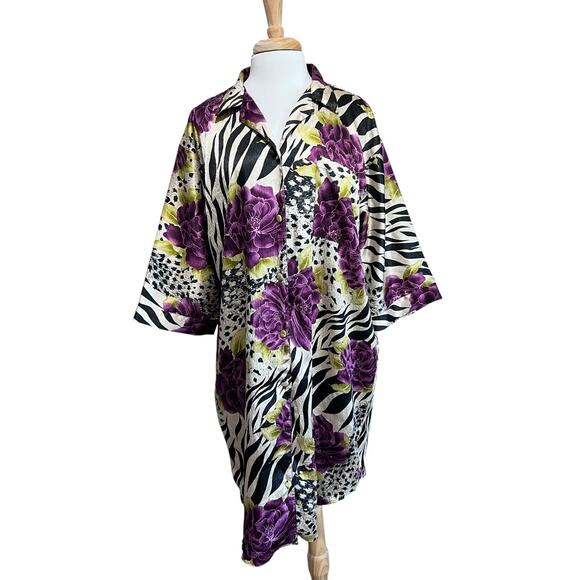 Nicole Stevens Exotic Whimsygoth Floral Zebra Satin Nightgown Sleepshirt XL - Picture 1 of 6